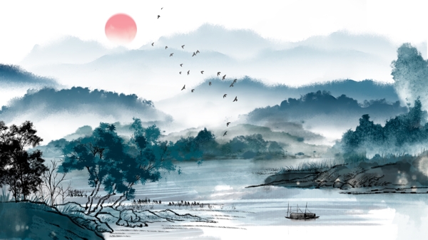 唯美手绘中国水墨画成语故事水彩画插画