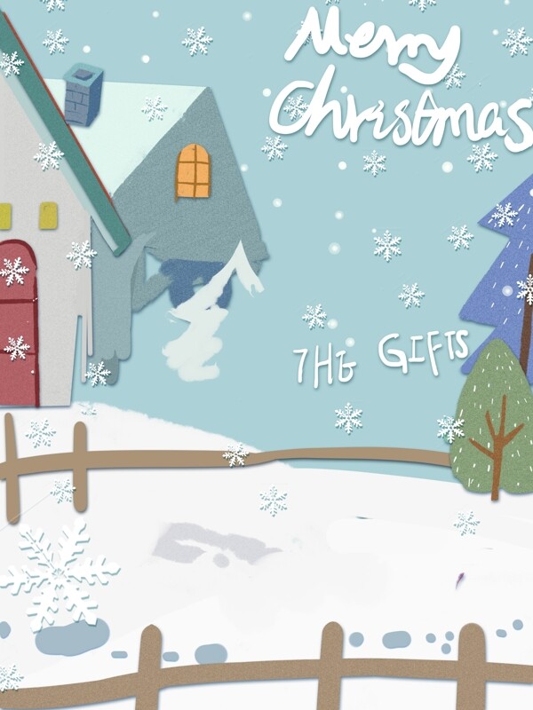 手绘圣诞节雪地小屋背景设计