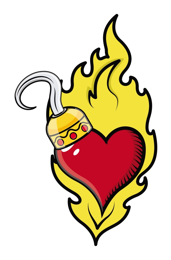 燃烧的心纹身与海盗钩卡通插画矢量