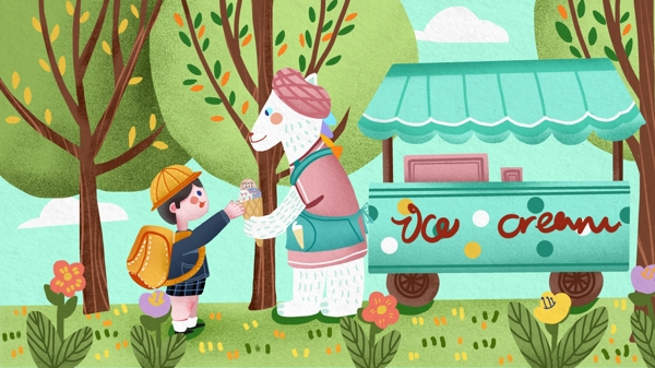 国际儿童日男孩买冰淇淋可爱温馨插画