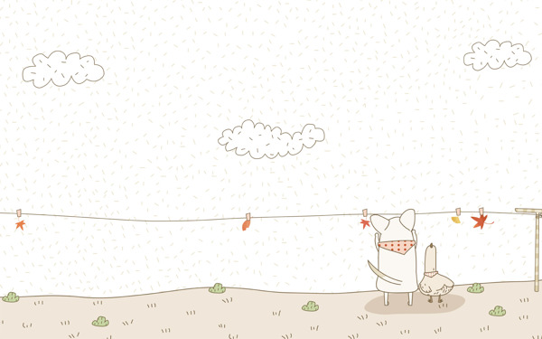 小狗和小鸡晒树叶淡彩手绘风格插画