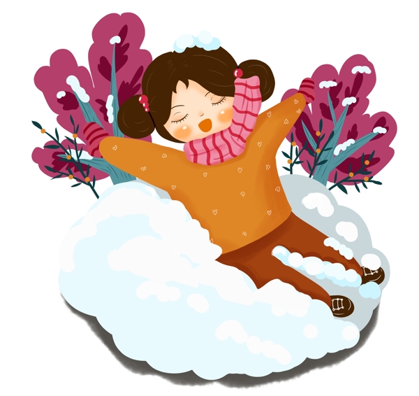 手绘躺在雪地里的女孩插画