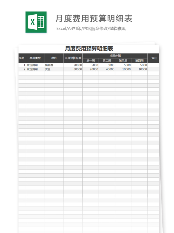 月度费用预算明细表Excel文档