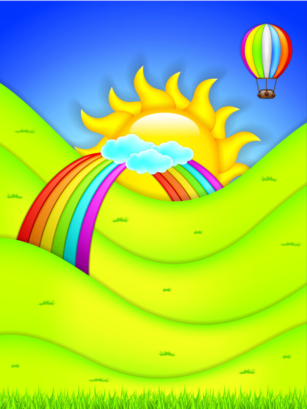 矢量卡通儿童草地太阳彩虹背景