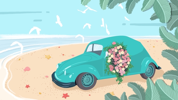 浪漫沙滩汽车广告背景