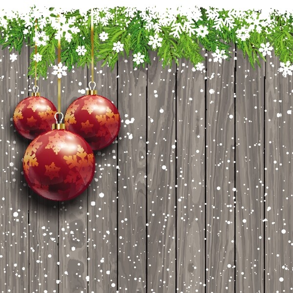 木制背景与红色圣诞球