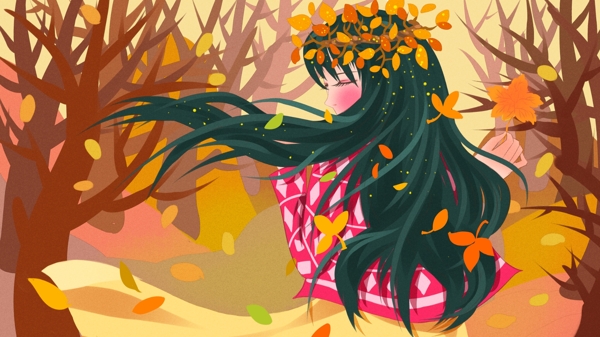 秋天你好山谷里头戴树叶舞蹈的女孩清新插画
