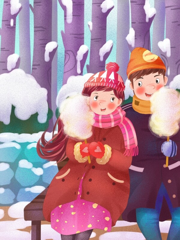 情侣冬季日常一起吃棉花糖的情侣清新插画