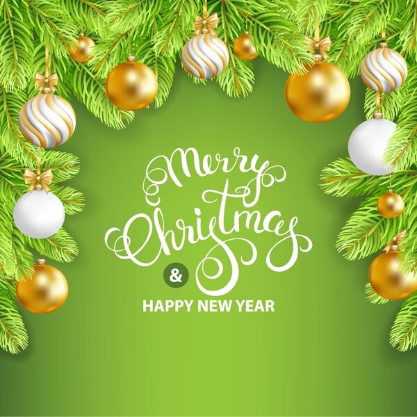 清新绿色松枝和金色吊球圣诞新年贺卡矢量图
