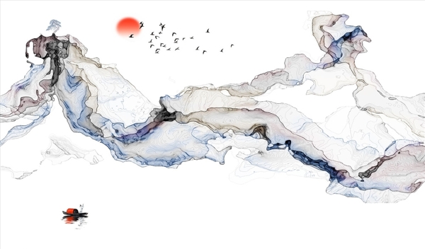 水墨山水小船太阳图片