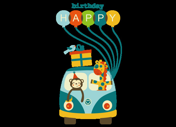 卡通公共汽车猴子长颈鹿生日快乐png元素