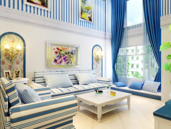 纯美地中海客厅蓝色窗帘装修效果图