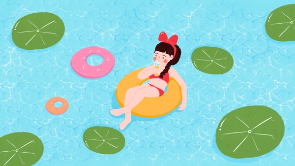 夏天暑假姑娘游泳原创小清新插画