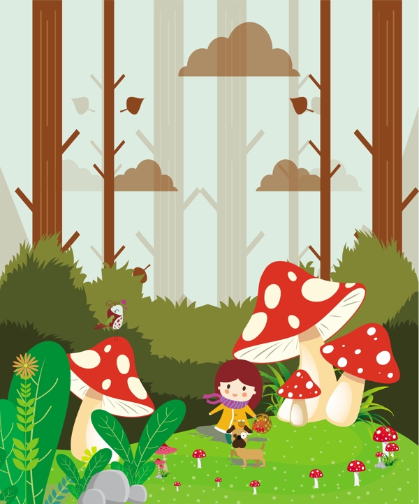 梦的背景的女孩大蘑菇五彩卡通图标矢量