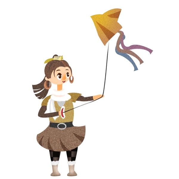 冬季放风筝的女孩手绘噪点设计