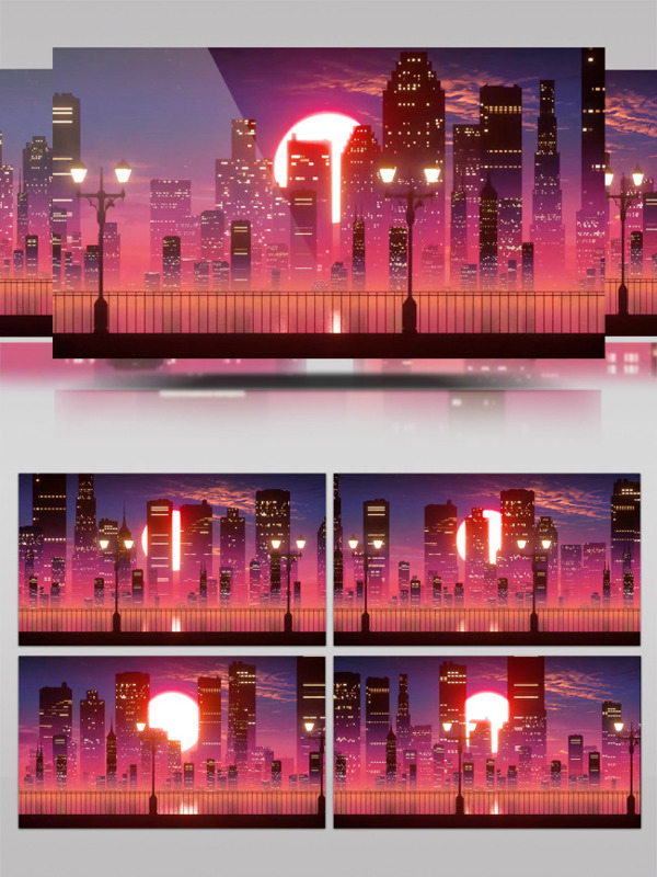 3D动画夕阳下的城市街道循环视频背景