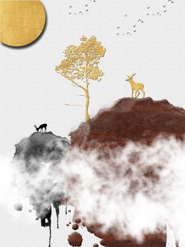 中式抽象山峰麋鹿黄金树客厅动物装饰画