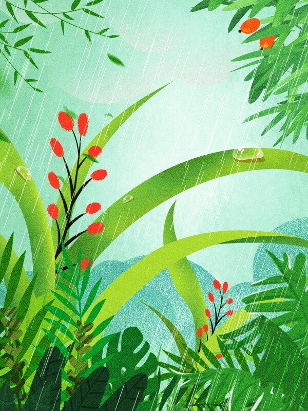 手绘清新雨水节气丛林背景设计