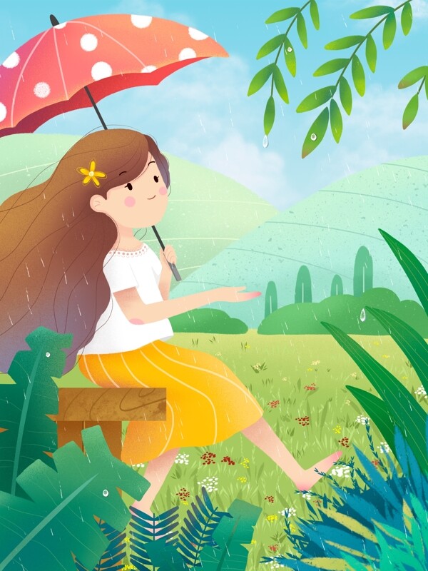 清新二十四节气谷雨亲近自然雨中打伞少女