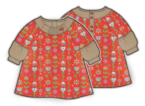 红色花朵小女孩服装设计秋冬彩色原稿