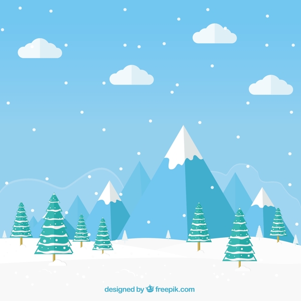 蓝色雪山背景松树