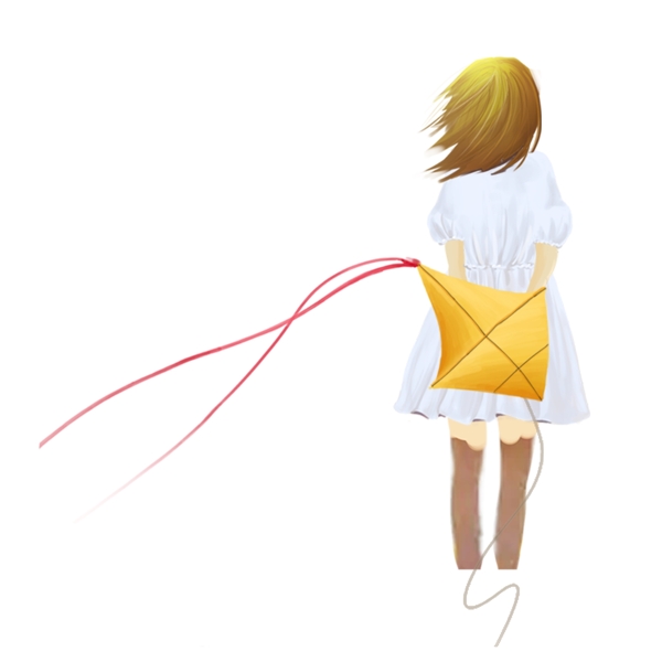 卡通放风筝的少女免抠元素