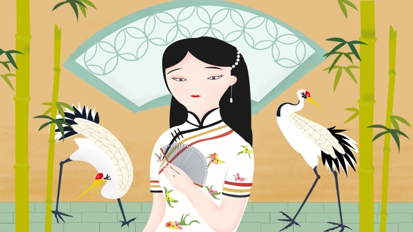 小清新古典风园林穿着旗袍观赏白鹤的女子