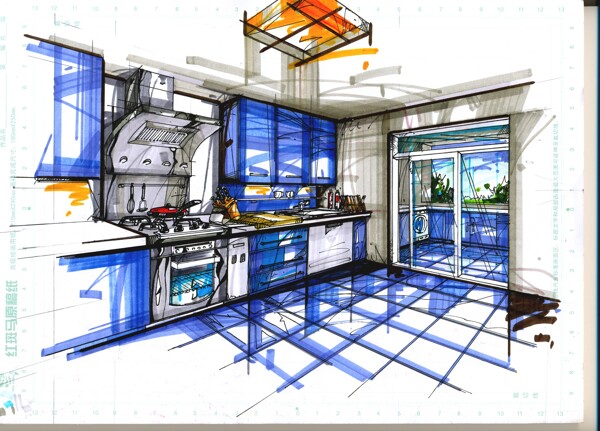 手绘扫描马克笔厨房效果图