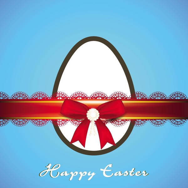 复活节快乐的背景或卡在蓝色背景上的红色缎带的创意和装饰蛋