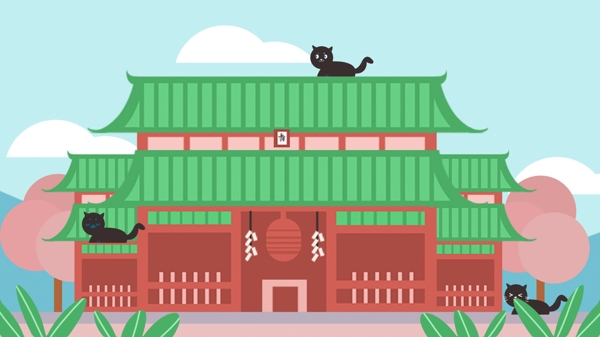 日本旅行猫咪神社寺庙和风东瀛自由行插画