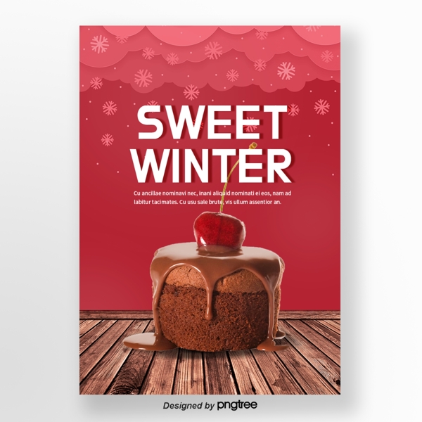 红色圣诞节雪花木版樱桃蛋糕冬季甜味食品海报
