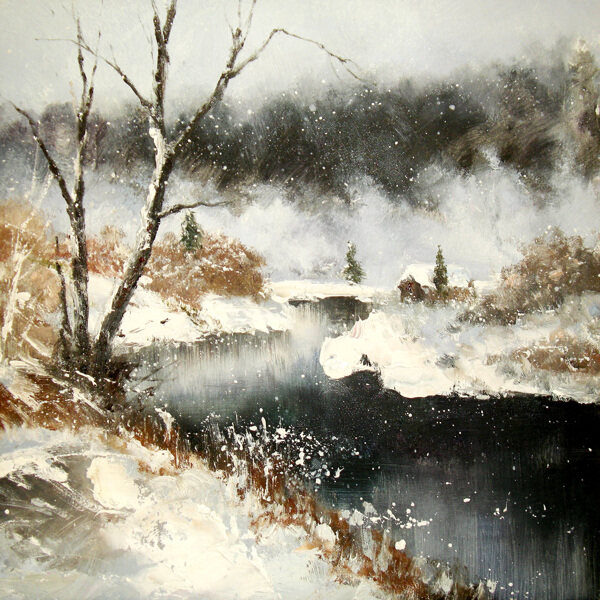 冬天雪景油画写生图片