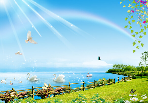 3D湖水栏杆游鸭彩虹背景墙