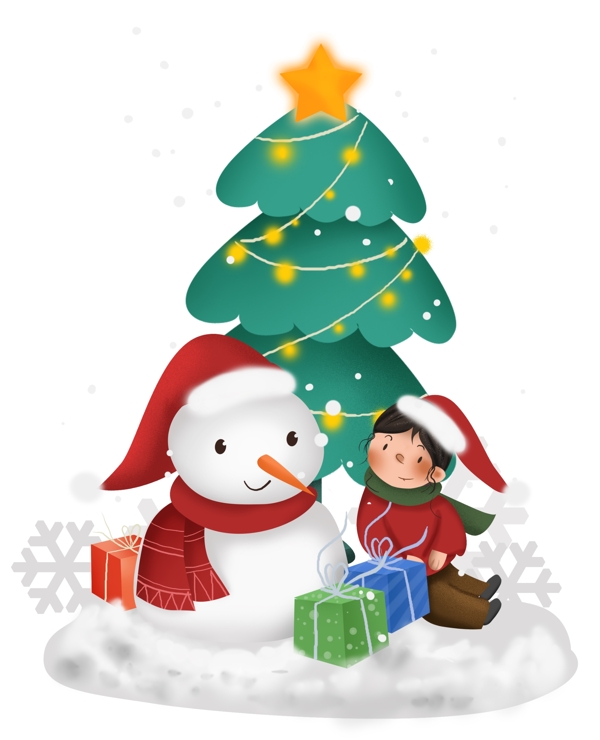 圣诞节圣诞树雪人和儿童