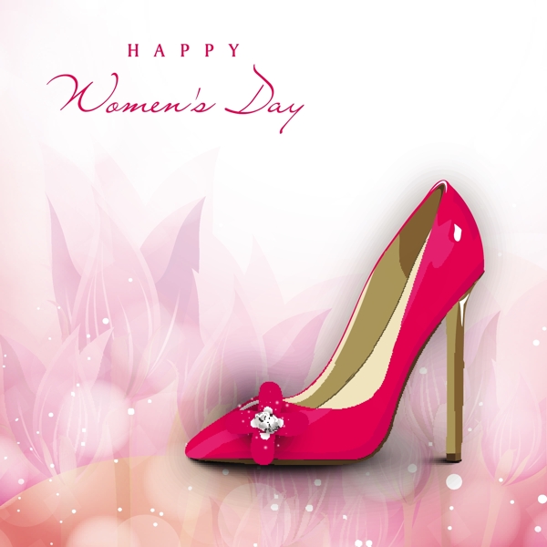 三八妇女节贺卡或海报有粉红色的鞋上花的装饰背景设计