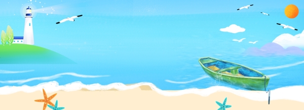 海边游玩卡通风景海报背景