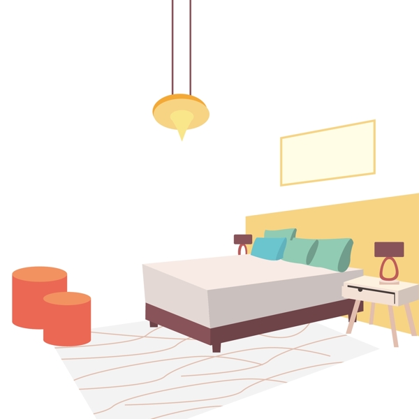扁平风格手绘插画室内设计卧室双人床
