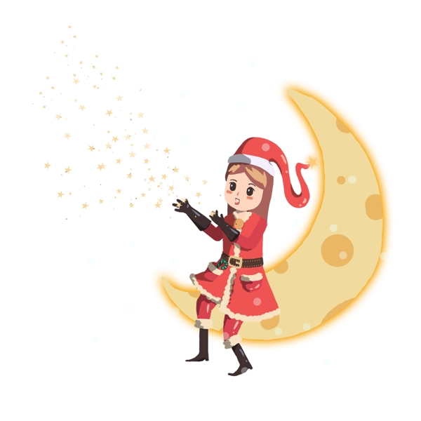 圣诞节里的小女孩儿坐在月亮上
