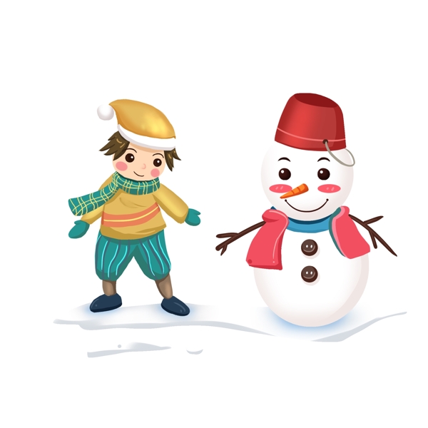 冬季场景雪地场景男孩和雪人