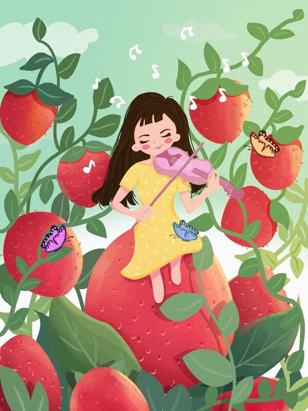 创意水果草莓音乐节插画