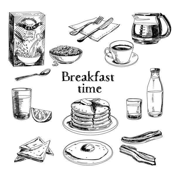 黑白手绘营养早餐插画