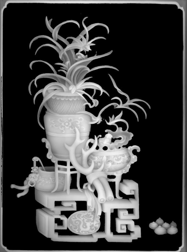 兰花花瓶博古浮雕灰度图