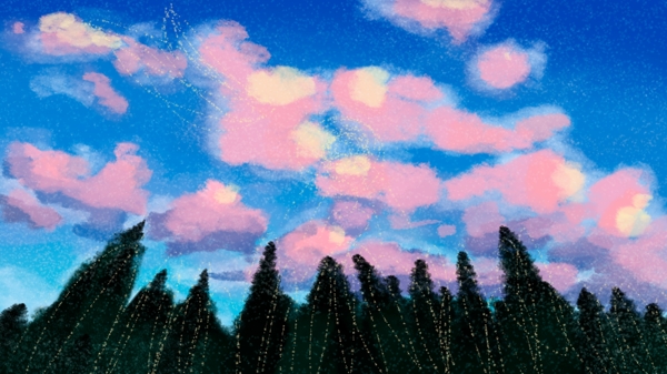 森林蓝天白云彩绘插画背景
