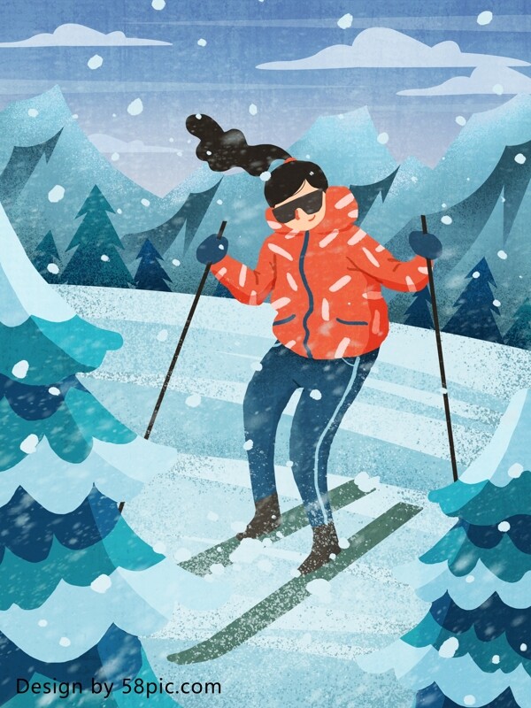 滑雪场景独自滑雪的女孩原创手绘插画