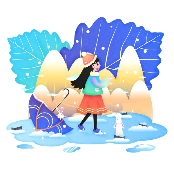 二十四节气小雪之女孩矗立雪中原创商用元素