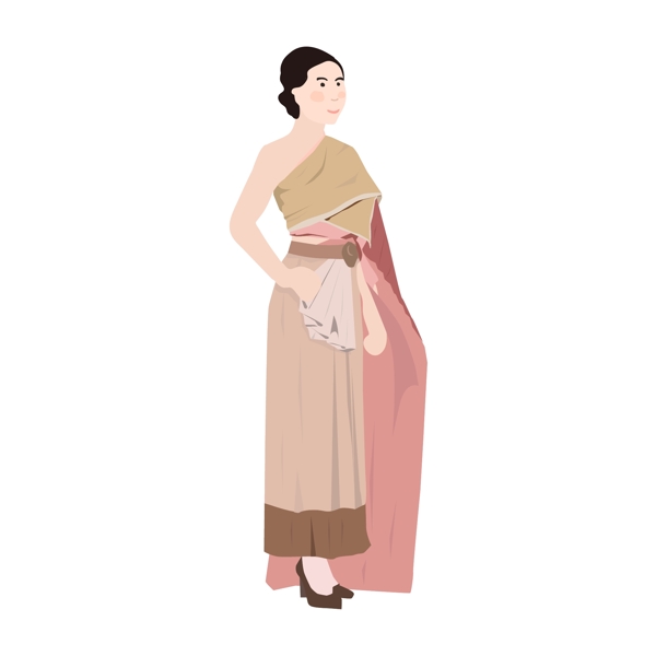 泰国女人穿围裙的粉色披肩古代泰国服装
