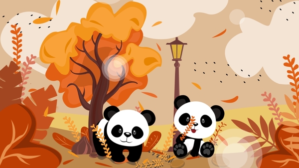 你好早安手绘两只熊猫
