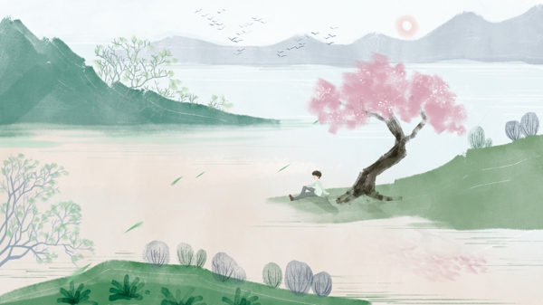 青绿山水中式淡彩桃花树下少年手绘插画