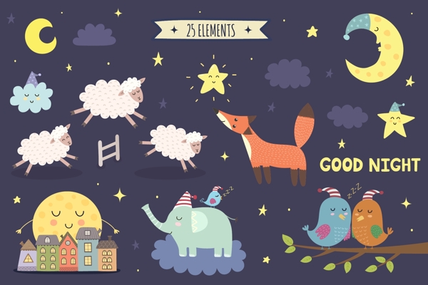 日韩卡通插画动物睡觉矢量装饰素材