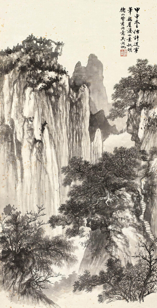 悬崖松瀑图图片